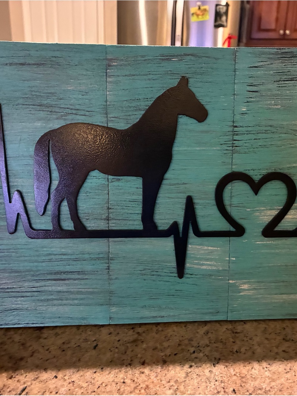 Black Horse Heartbeat Wall Art on Teal Wood